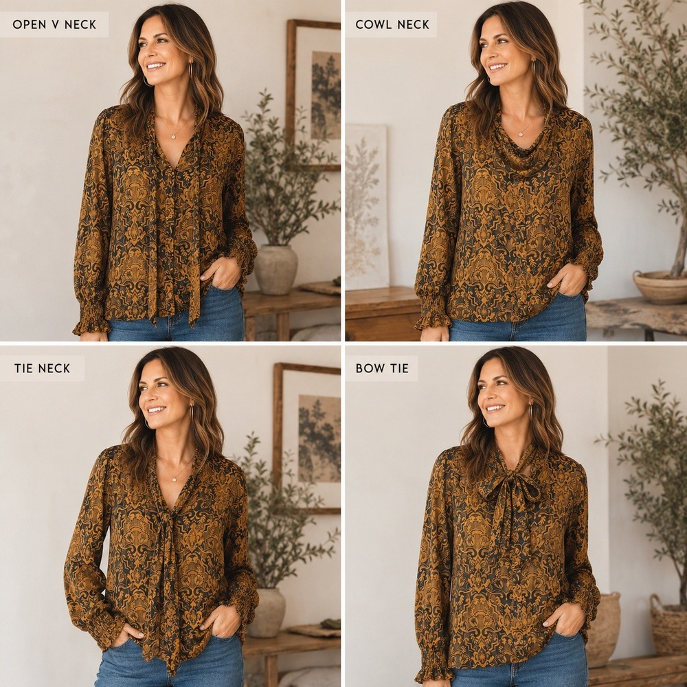 Hinge Silk Tie Neck Sheer Top Womens Small Gold Damask Romantic‎ Boho Equestrian